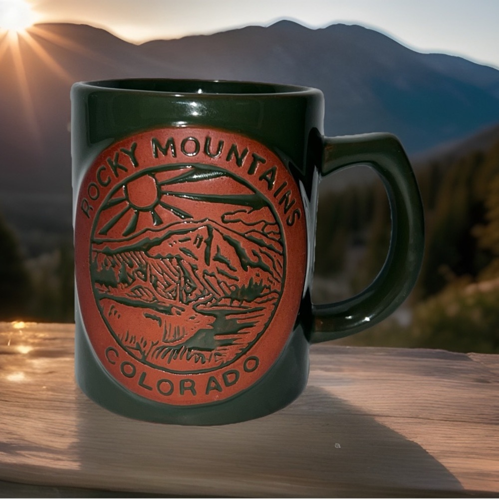 Rocky Mountains Colorado Ceramic Mug Green Orange Embellished Landscape Design